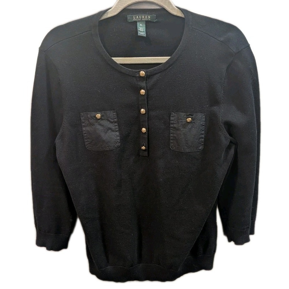 Lauren Ralph Lauren Women's XL Black Sweater Gold Buttons Pockets Western Rodeo